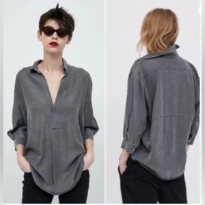 ZARA Premium Denim Collection Chambray Gray Join Life Oversized Blouse Top Small